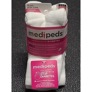 MediPeds Socks Medium 4 Pk 7-10 White Crew Diabetic Cushioned Coolmax New USA
